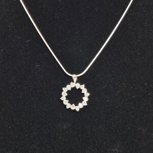 Sterling Silver Round Circle Pendant Necklace CZ Stones Snake Chain 18" 1mm 6.9g